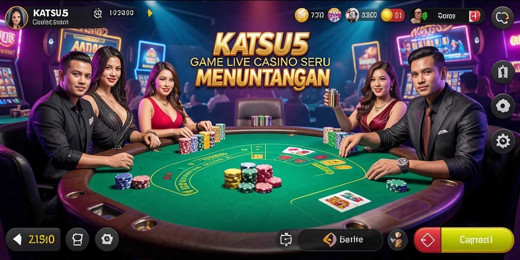 Screenshot gameplay KATSU5 menampilkan dealer langsung dalam suasana kasino yang hidup.
